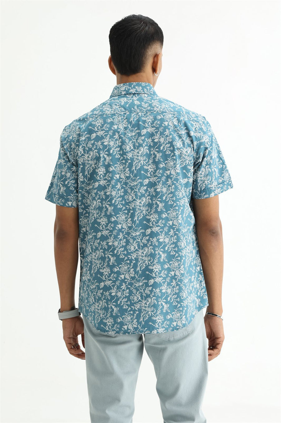 BASICS SLIM FIT SMOKE TEAL COTTON POPLIN PRINTED HALFSLEEVES SHIRT