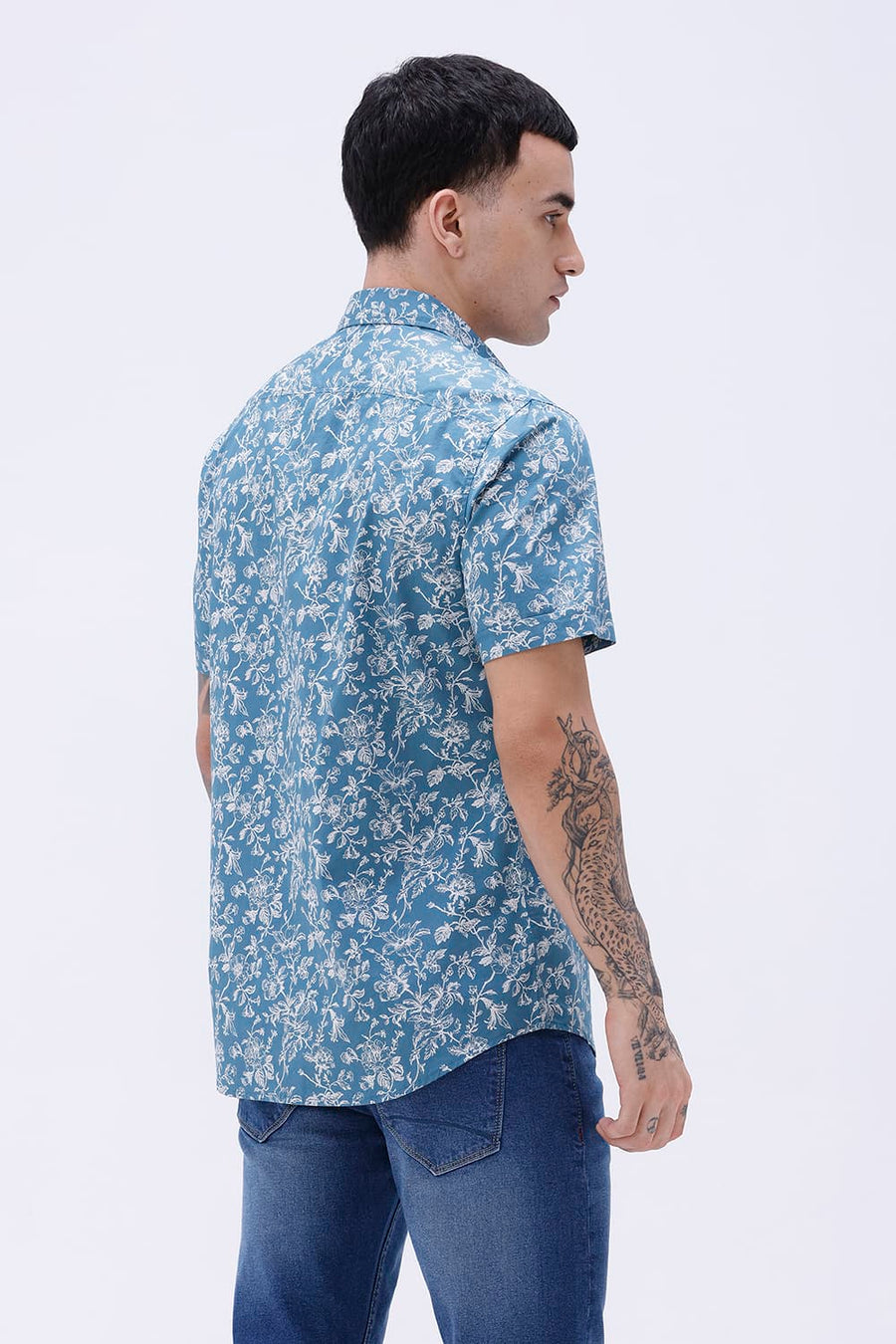 BASICS SLIM FIT SMOKE TEAL COTTON POPLIN PRINTED HALFSLEEVES SHIRT