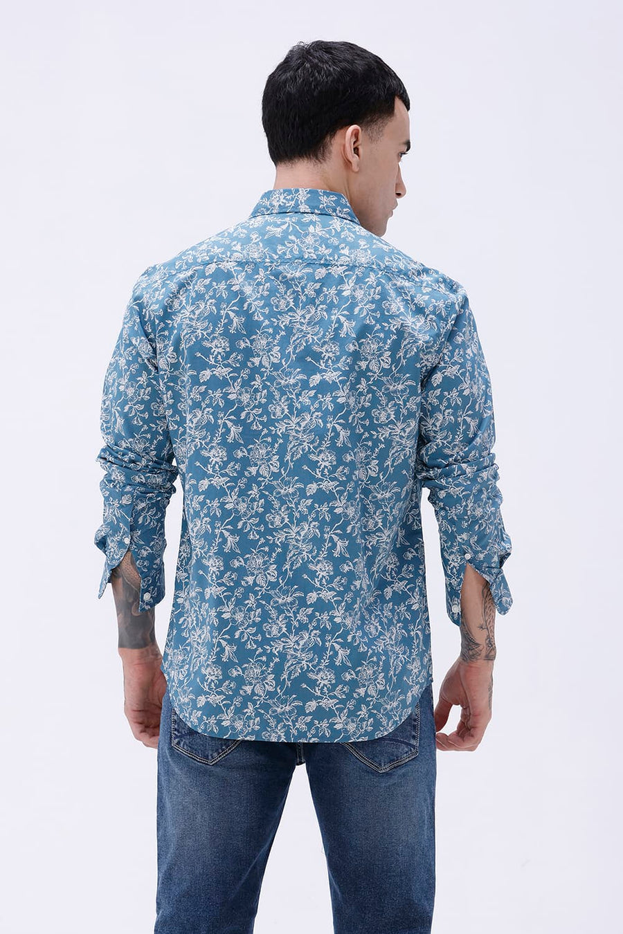 BASICS SLIM FIT SMOKE TEAL COTTON POPLIN PRINTED SHIRT