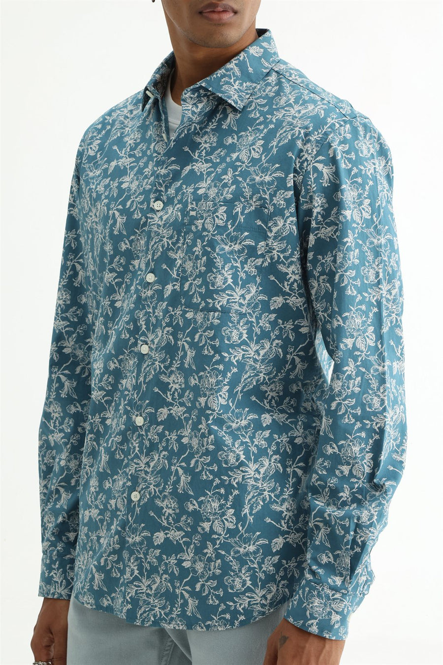 BASICS SLIM FIT SMOKE TEAL COTTON POPLIN PRINTED SHIRT