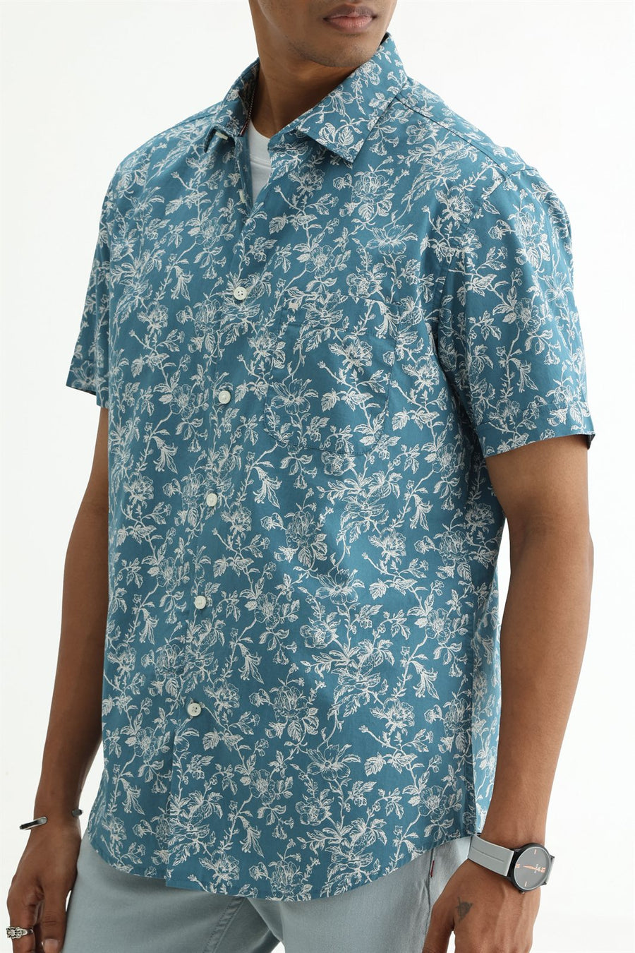 BASICS SLIM FIT SMOKE TEAL COTTON POPLIN PRINTED HALFSLEEVES SHIRT