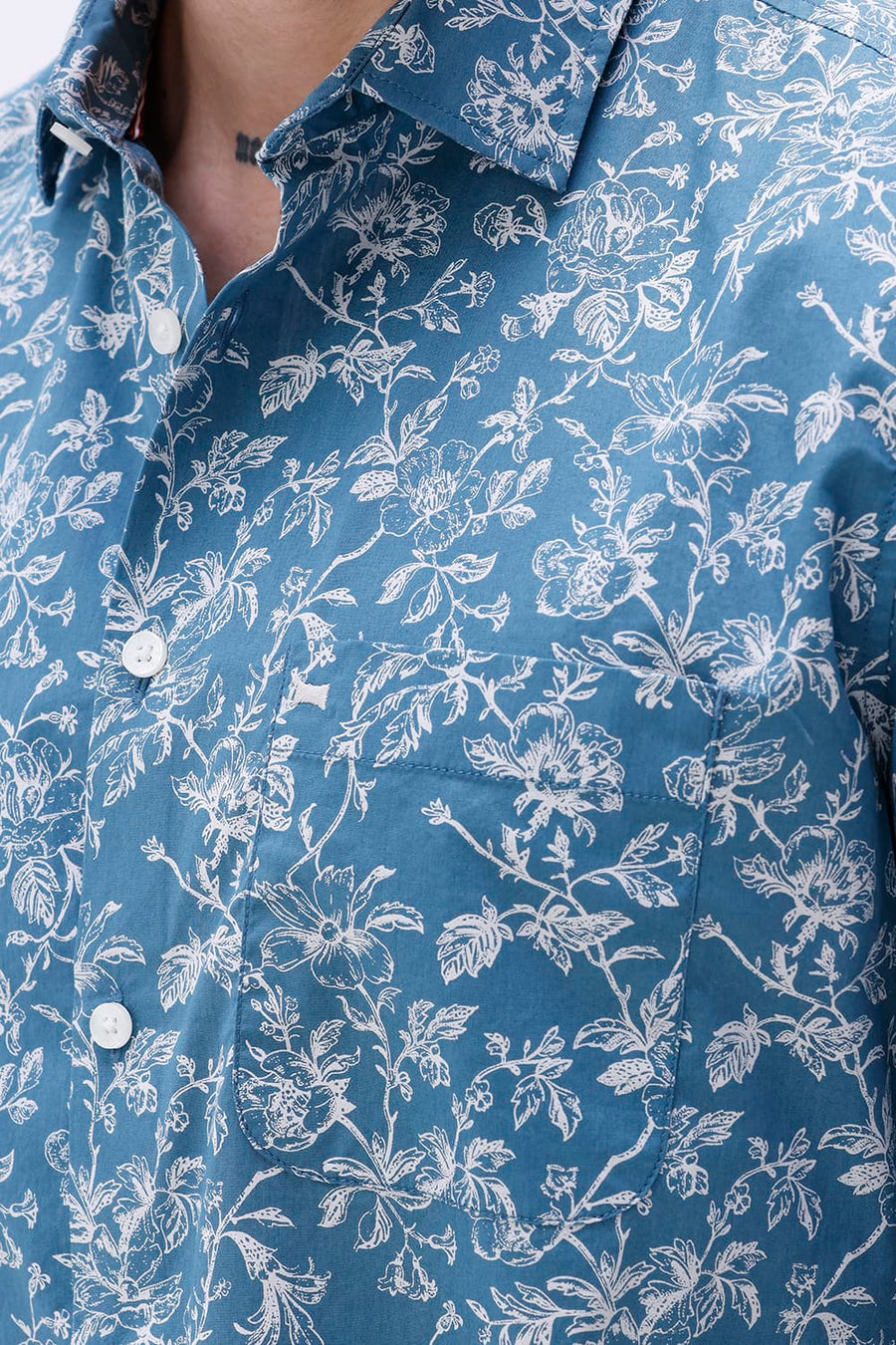 BASICS SLIM FIT SMOKE TEAL COTTON POPLIN PRINTED SHIRT