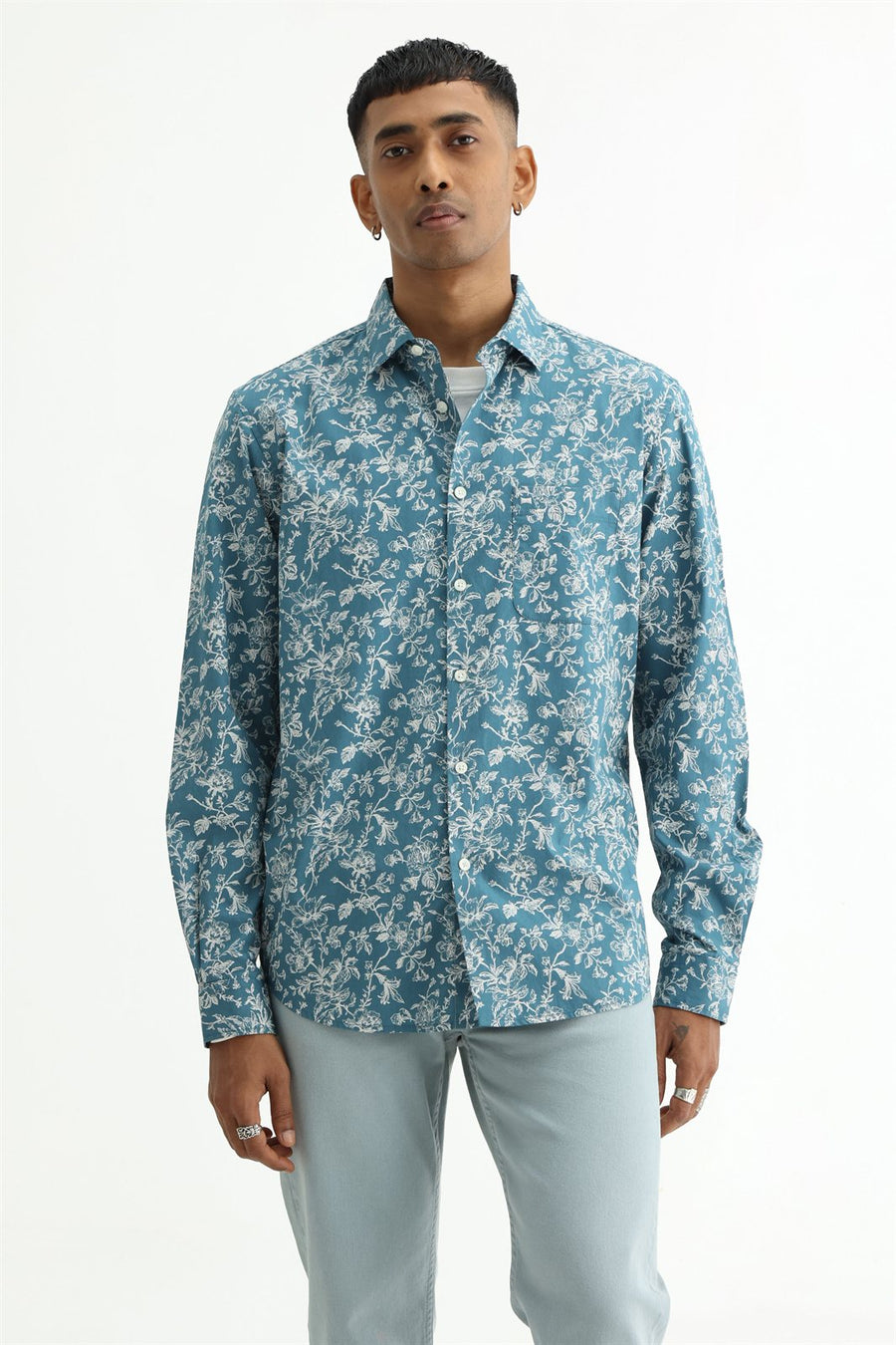 BASICS SLIM FIT SMOKE TEAL COTTON POPLIN PRINTED SHIRT