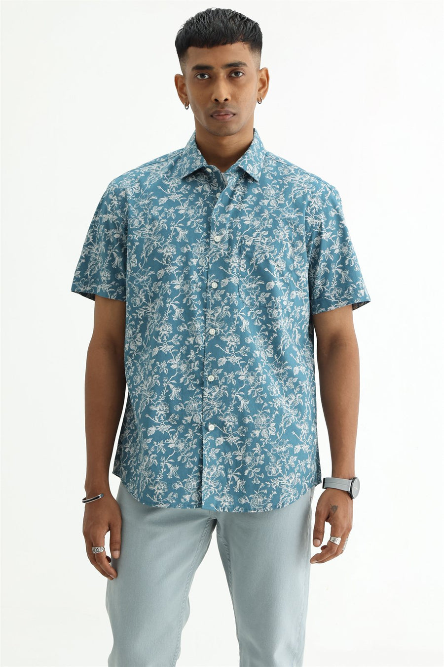 BASICS SLIM FIT SMOKE TEAL COTTON POPLIN PRINTED HALFSLEEVES SHIRT