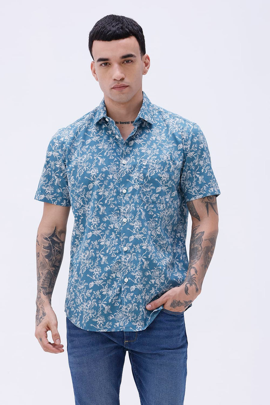 BASICS SLIM FIT SMOKE TEAL COTTON POPLIN PRINTED HALFSLEEVES SHIRT