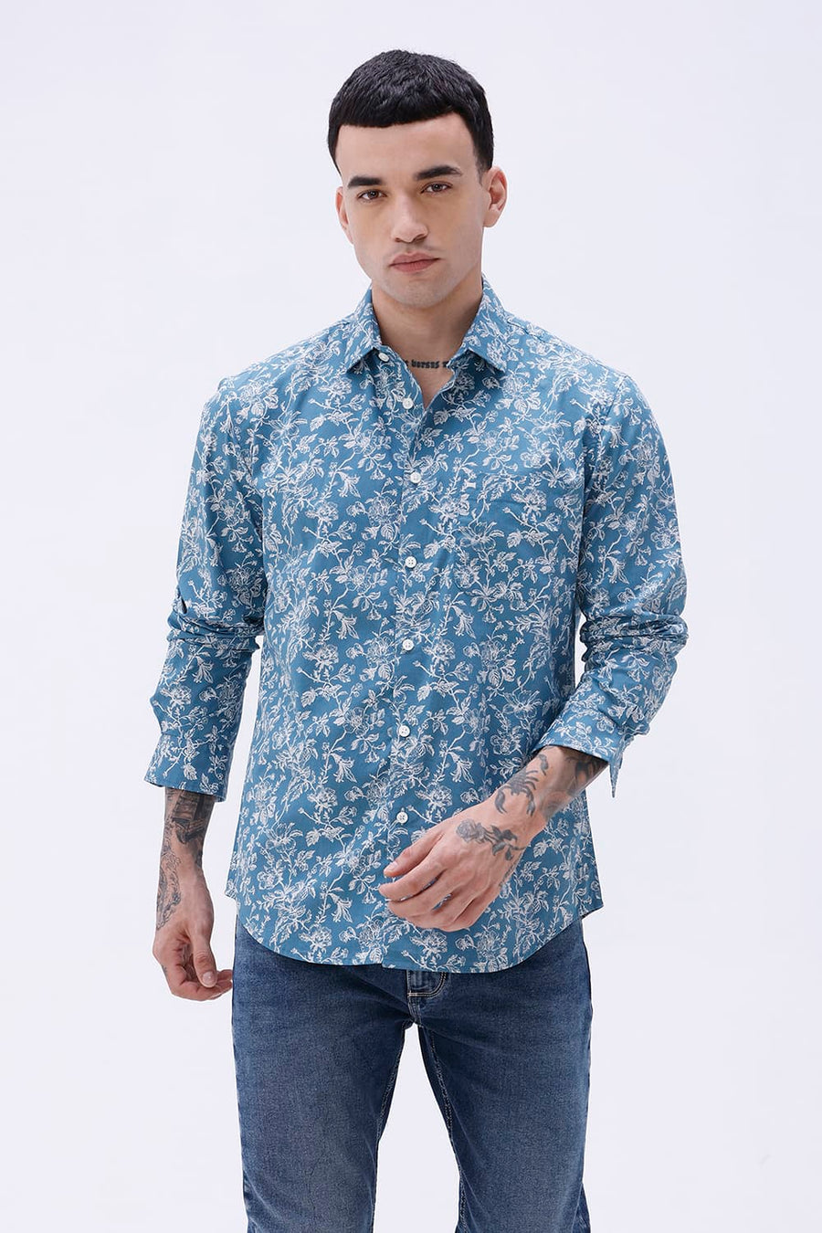 BASICS SLIM FIT SMOKE TEAL COTTON POPLIN PRINTED SHIRT