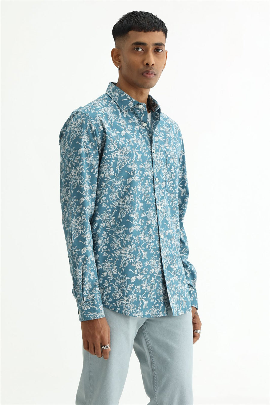 BASICS SLIM FIT SMOKE TEAL COTTON POPLIN PRINTED SHIRT