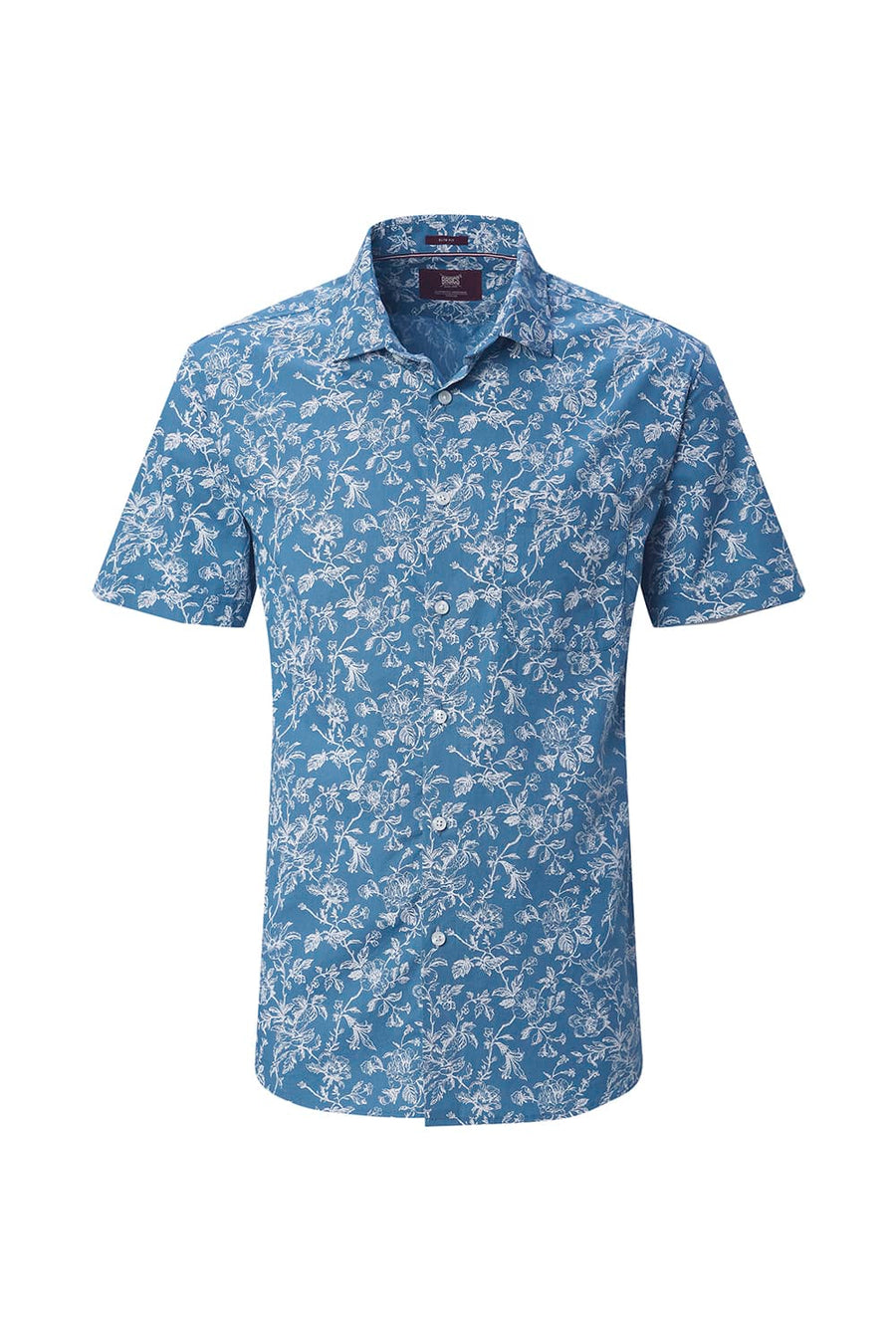 BASICS SLIM FIT SMOKE TEAL COTTON POPLIN PRINTED HALFSLEEVES SHIRT
