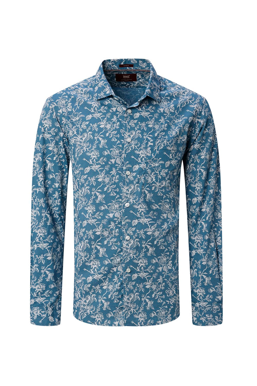 BASICS SLIM FIT SMOKE TEAL COTTON POPLIN PRINTED SHIRT