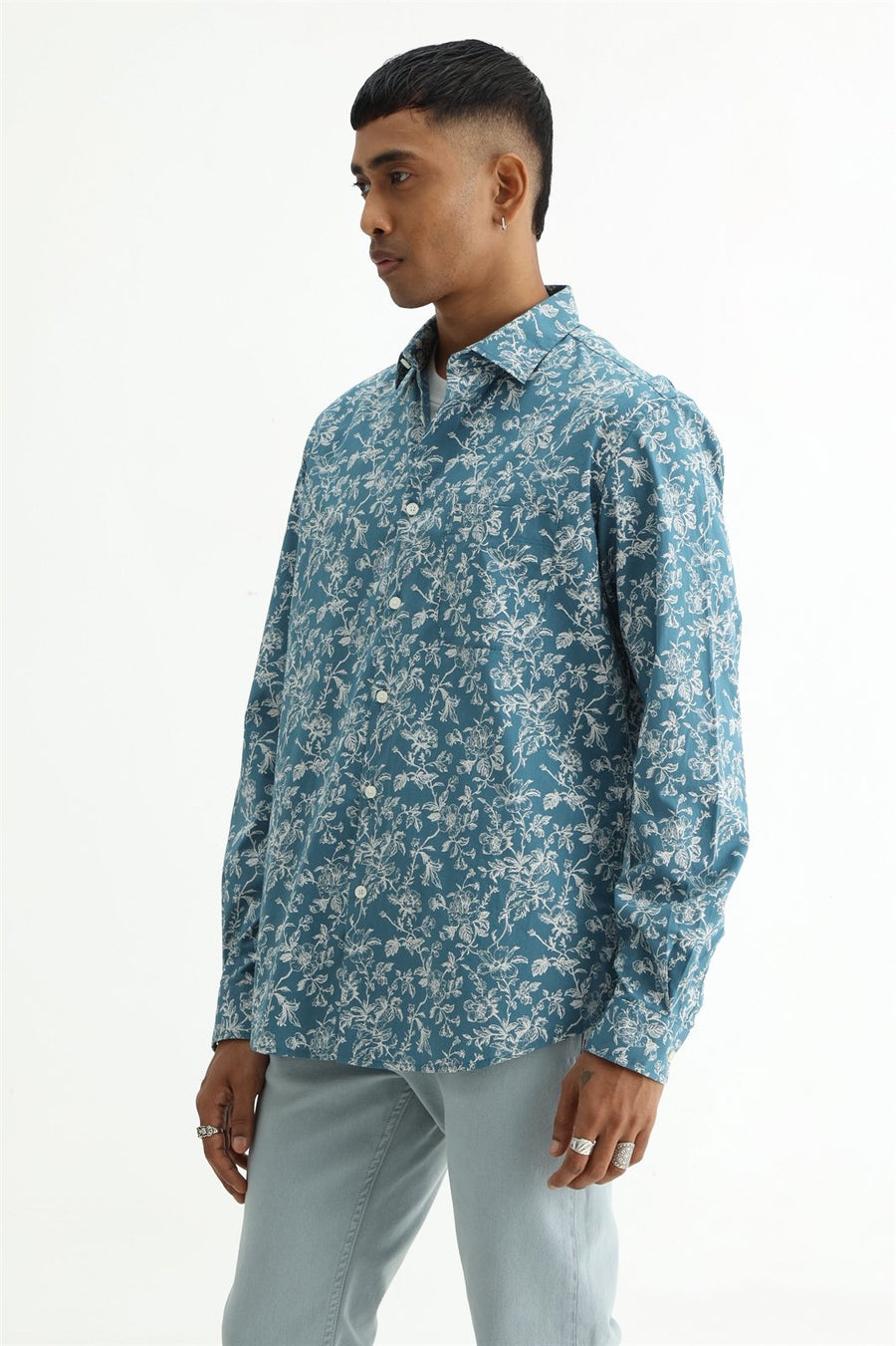 BASICS SLIM FIT SMOKE TEAL COTTON POPLIN PRINTED SHIRT