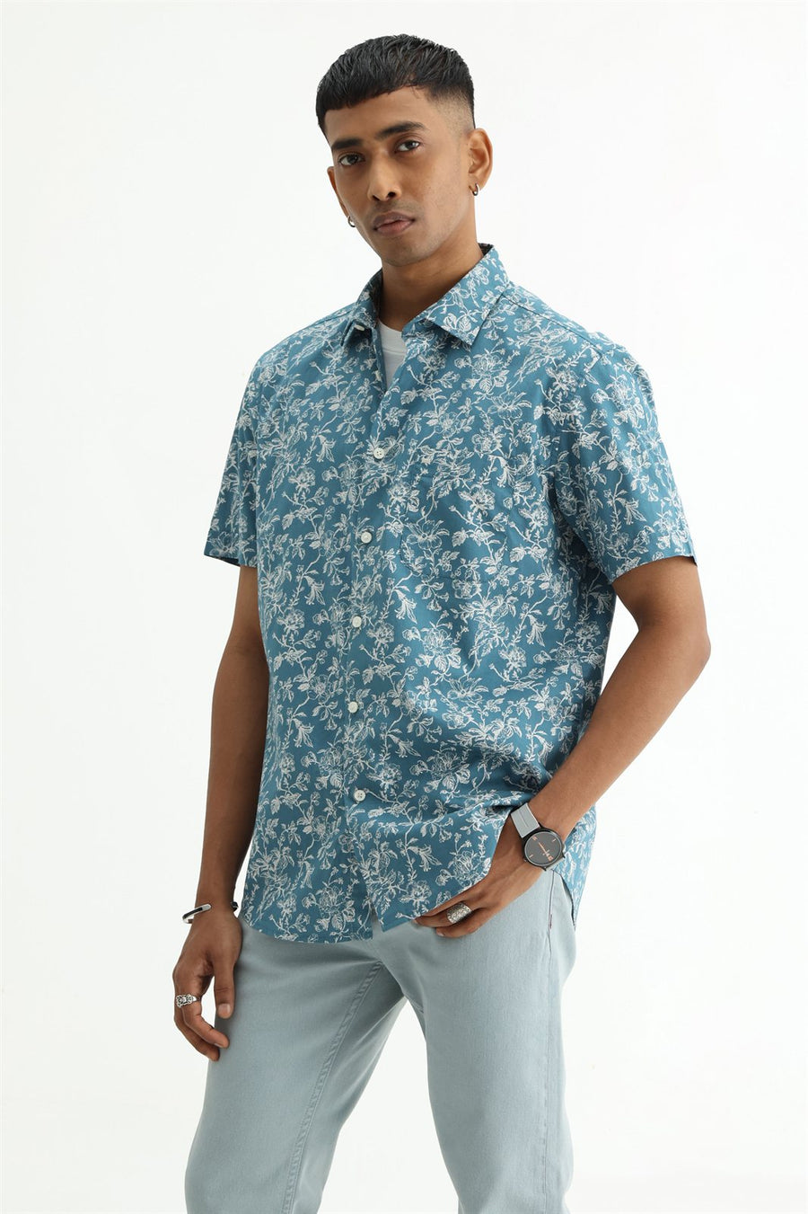 BASICS SLIM FIT SMOKE TEAL COTTON POPLIN PRINTED HALFSLEEVES SHIRT
