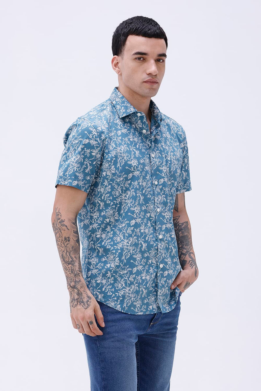 BASICS SLIM FIT SMOKE TEAL COTTON POPLIN PRINTED HALFSLEEVES SHIRT