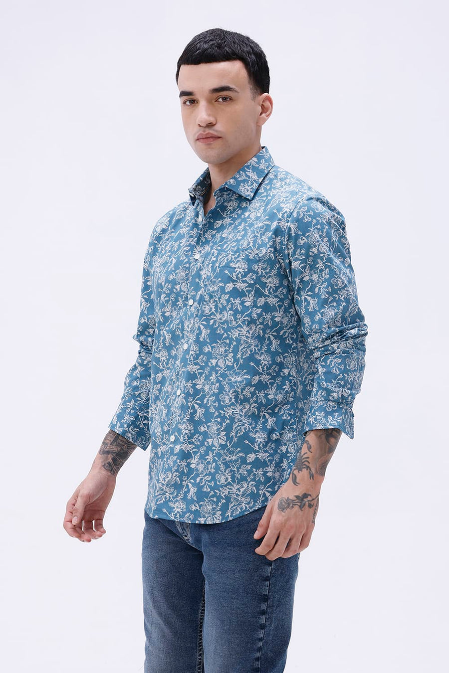 BASICS SLIM FIT SMOKE TEAL COTTON POPLIN PRINTED SHIRT