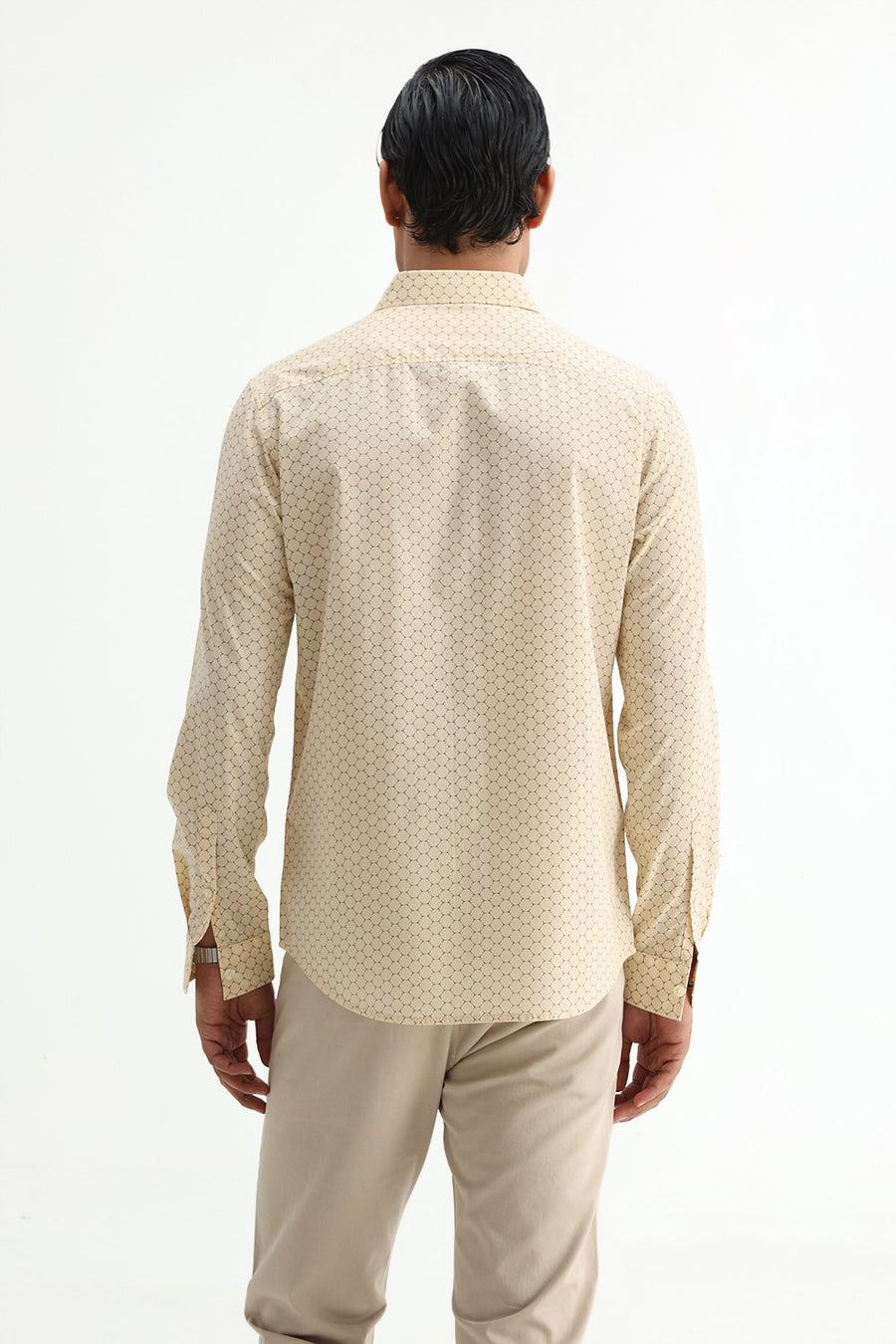 BASICS SLIM FIT CORN BEIGE COTTON POPLIN PRINTED SHIRT