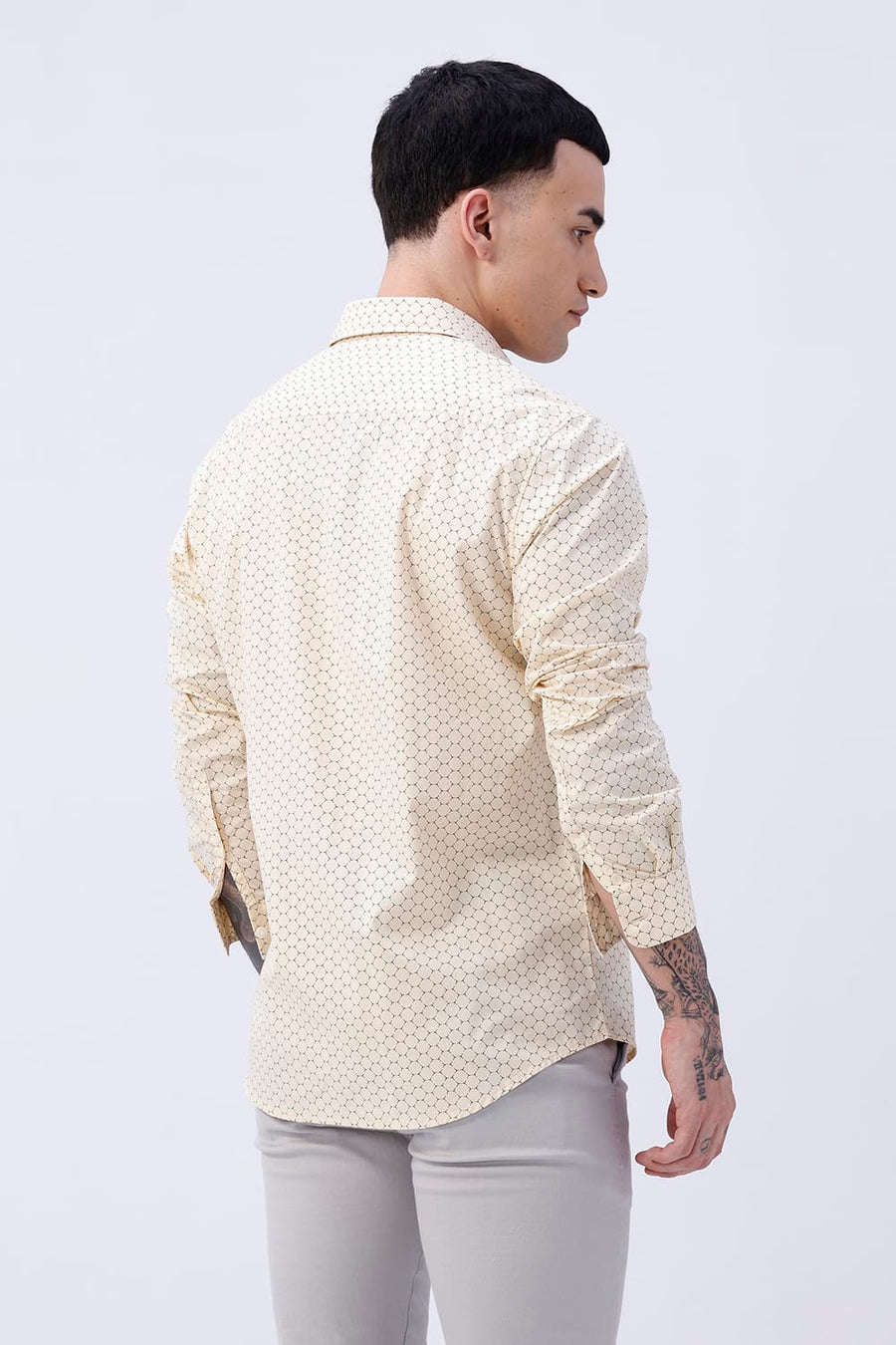 BASICS SLIM FIT CORN BEIGE COTTON POPLIN PRINTED SHIRT