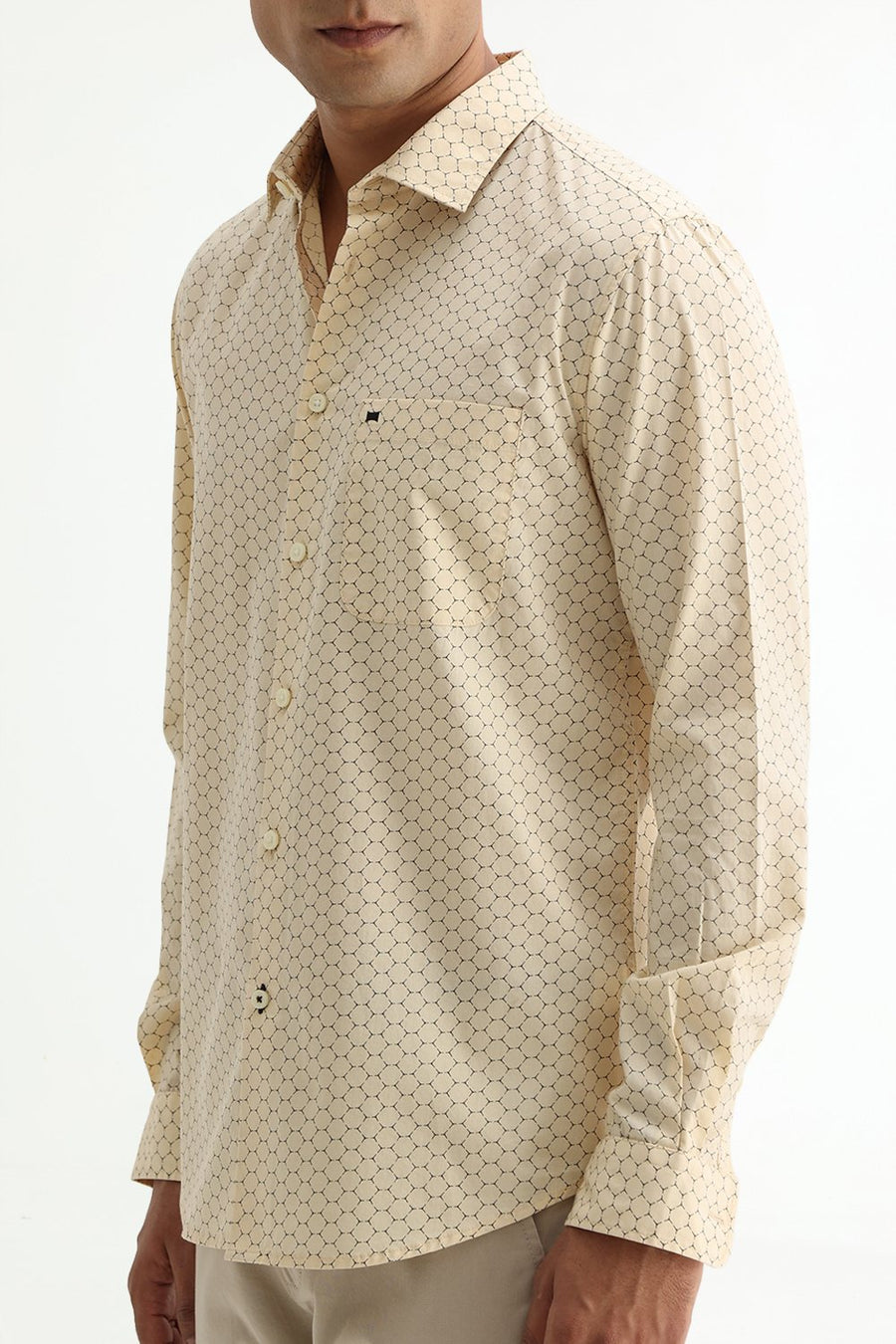 BASICS SLIM FIT CORN BEIGE COTTON POPLIN PRINTED SHIRT