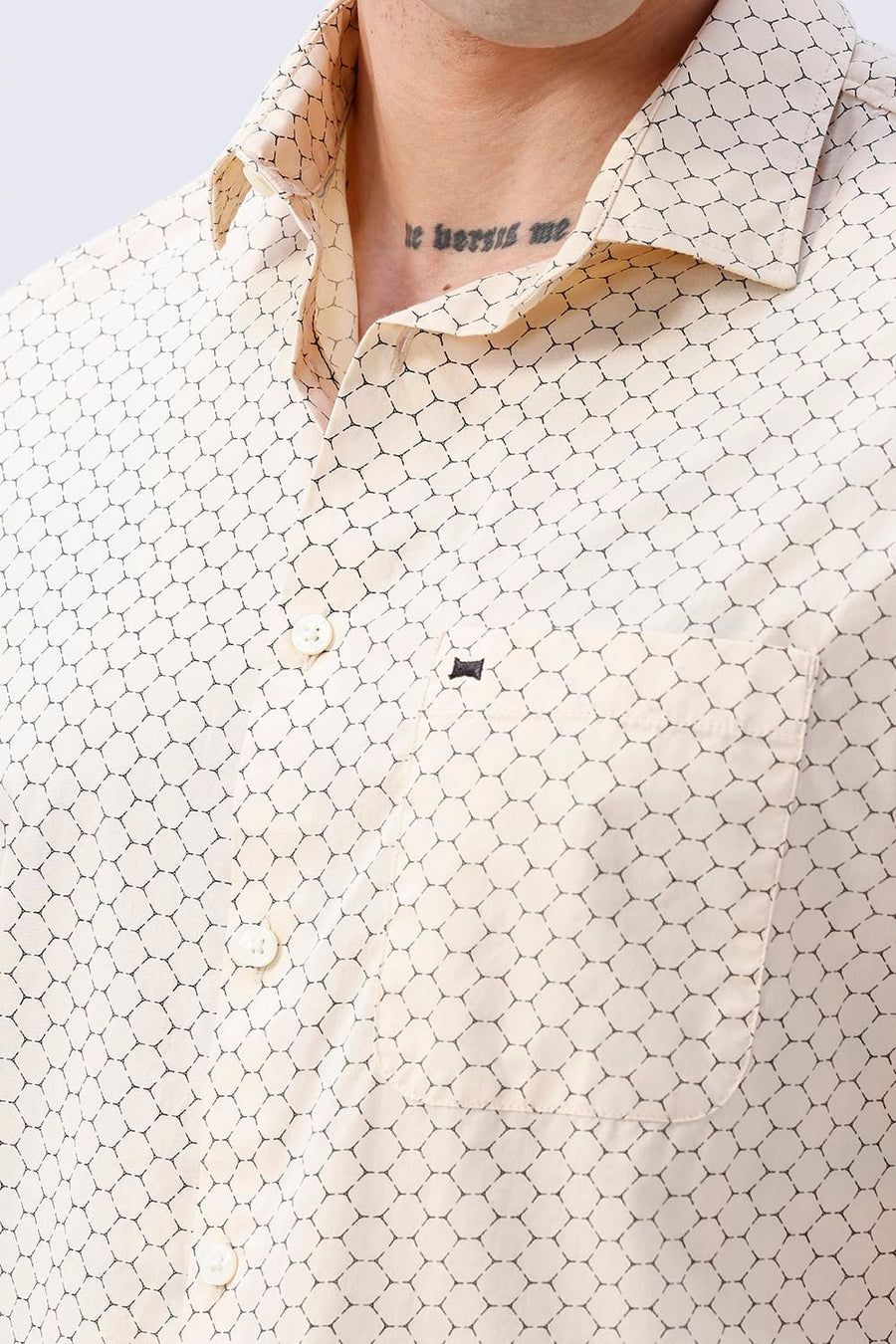 BASICS SLIM FIT CORN BEIGE COTTON POPLIN PRINTED SHIRT
