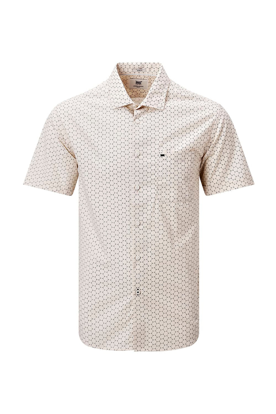 BASICS SLIM FIT CORN BEIGE COTTON POPLIN PRINTED HALFSLEEVES SHIRT