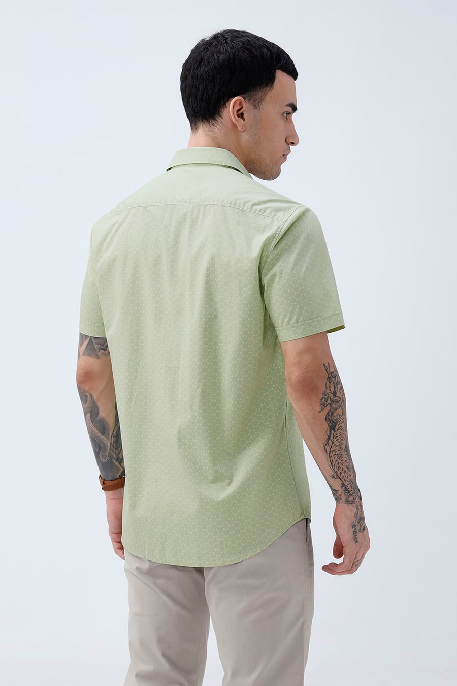 BASICS SLIM FIT SEACREST GREEN COTTON POPLIN PRINTED HALFSLEEVES SHIRT