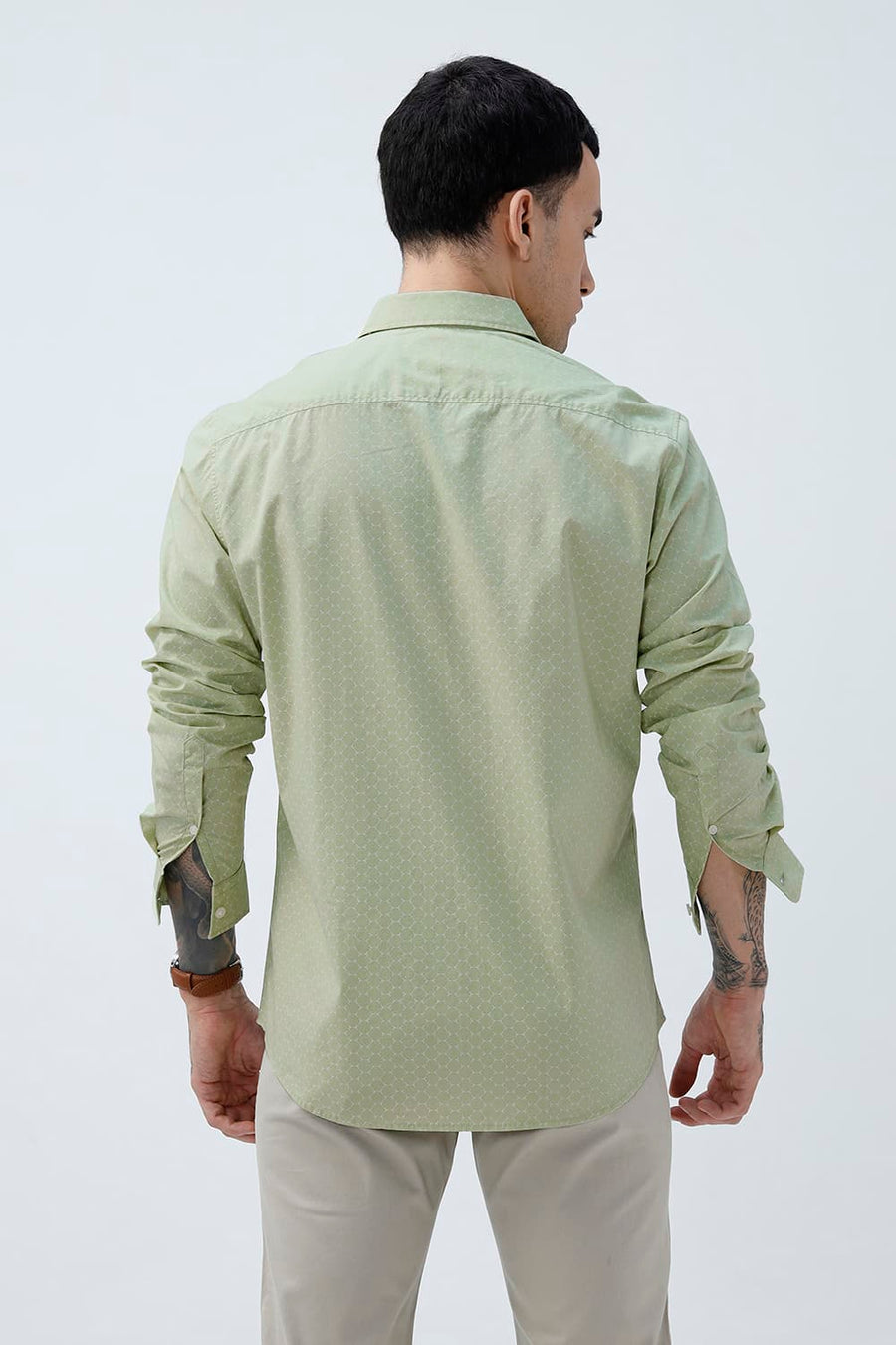 BASICS SLIM FIT SEACREST GREEN COTTON POPLIN PRINTED SHIRT