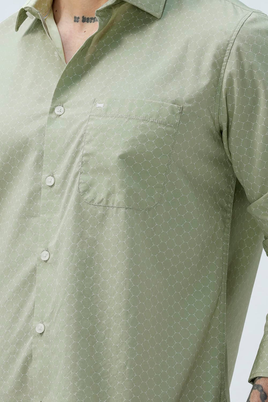 BASICS SLIM FIT SEACREST GREEN COTTON POPLIN PRINTED SHIRT