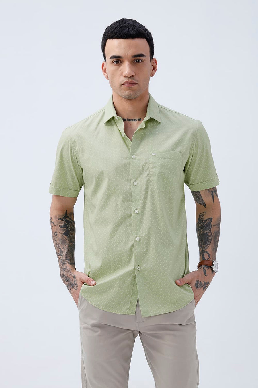 BASICS SLIM FIT SEACREST GREEN COTTON POPLIN PRINTED HALFSLEEVES SHIRT