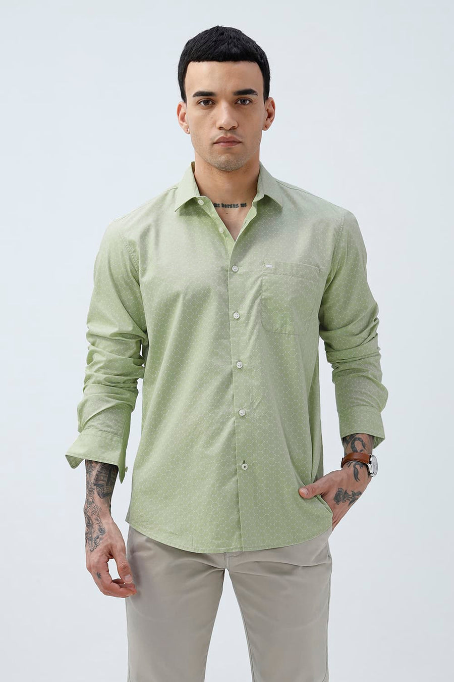 BASICS SLIM FIT SEACREST GREEN COTTON POPLIN PRINTED SHIRT