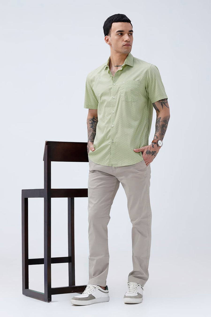 BASICS SLIM FIT SEACREST GREEN COTTON POPLIN PRINTED HALFSLEEVES SHIRT