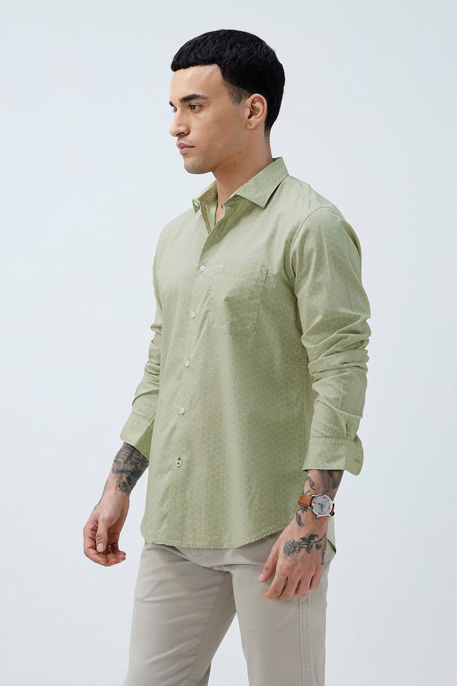 BASICS SLIM FIT SEACREST GREEN COTTON POPLIN PRINTED SHIRT