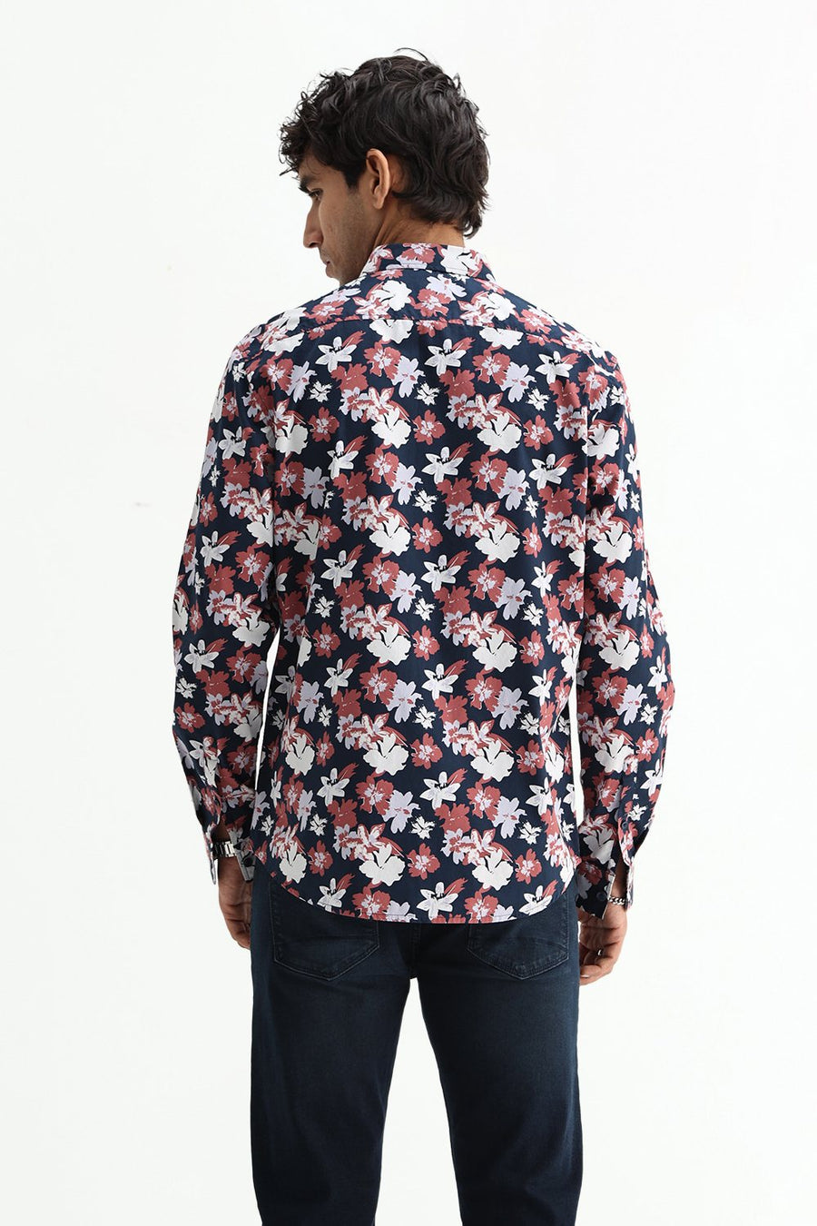 BASICS SLIM FIT INSIGNIA NAVY COTTON POPLIN PRINTED SHIRT