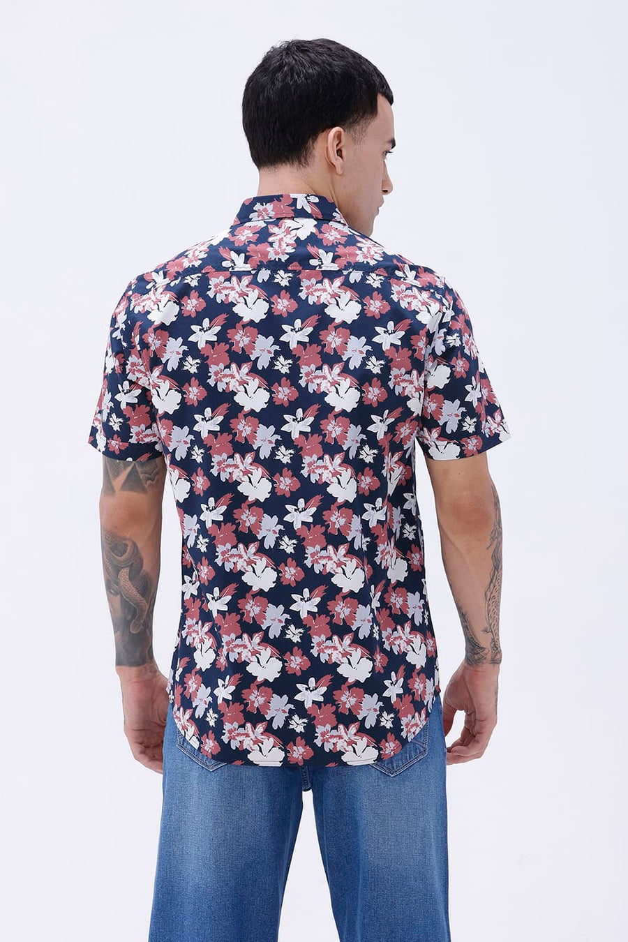 BASICS SLIM FIT INSIGNIA NAVY COTTON POPLIN PRINTED SHIRT