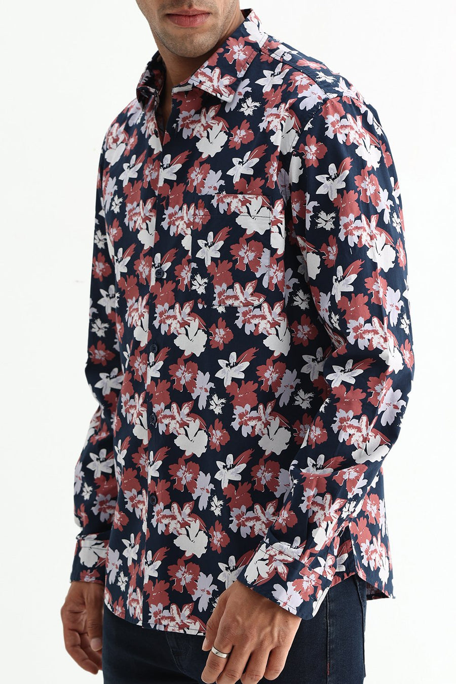 BASICS SLIM FIT INSIGNIA NAVY COTTON POPLIN PRINTED SHIRT