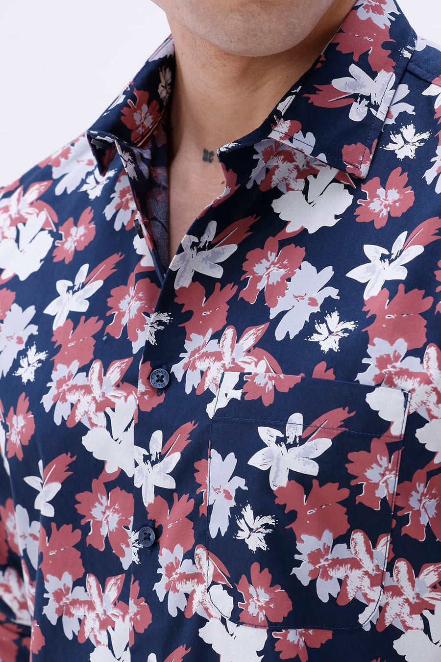 BASICS SLIM FIT INSIGNIA NAVY COTTON POPLIN PRINTED SHIRT