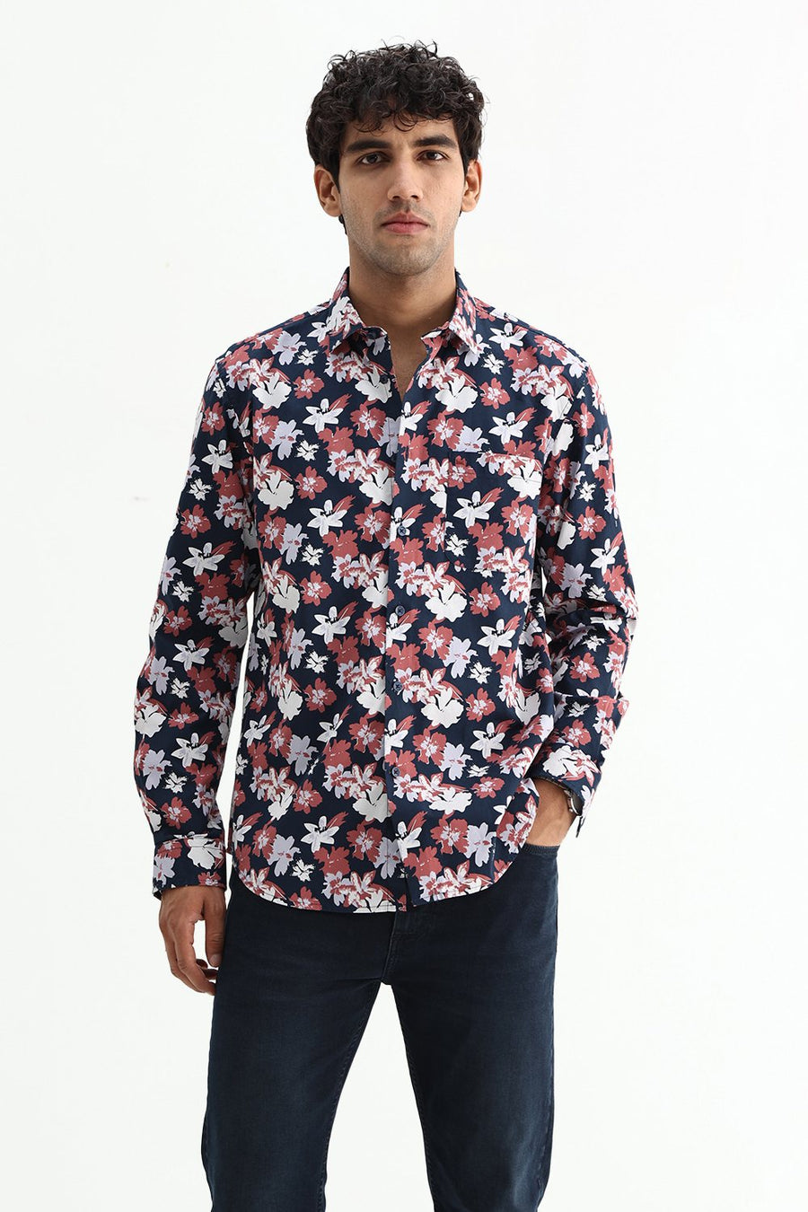 BASICS SLIM FIT INSIGNIA NAVY COTTON POPLIN PRINTED SHIRT