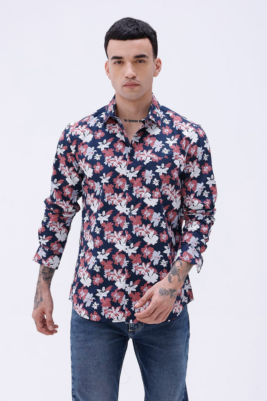 BASICS SLIM FIT INSIGNIA NAVY COTTON POPLIN PRINTED SHIRT
