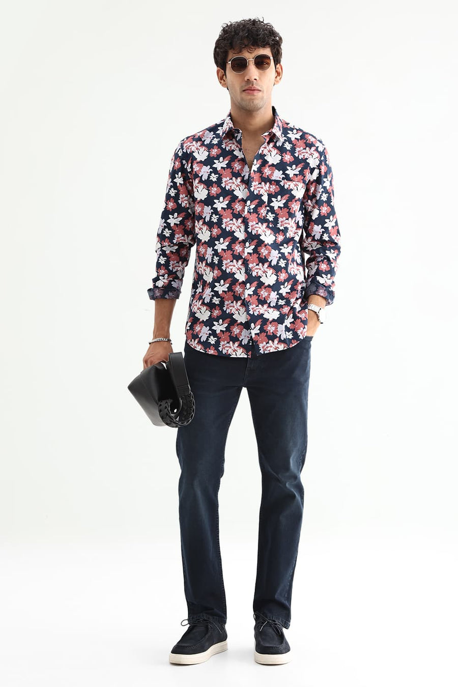 BASICS SLIM FIT INSIGNIA NAVY COTTON POPLIN PRINTED SHIRT
