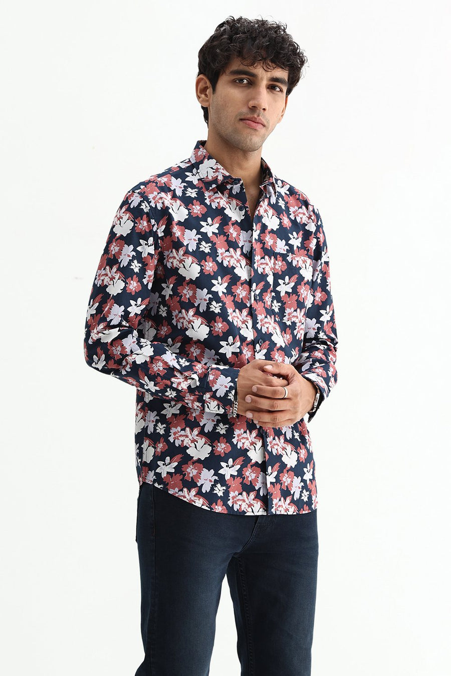 BASICS SLIM FIT INSIGNIA NAVY COTTON POPLIN PRINTED SHIRT