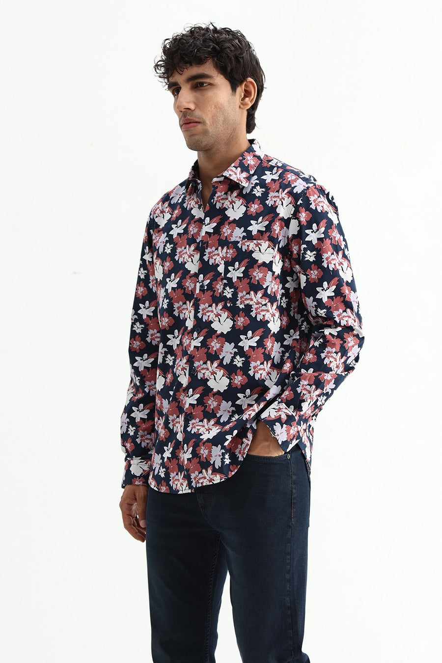 BASICS SLIM FIT INSIGNIA NAVY COTTON POPLIN PRINTED SHIRT