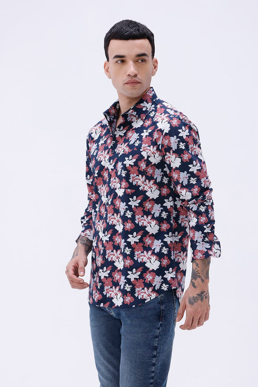 BASICS SLIM FIT INSIGNIA NAVY COTTON POPLIN PRINTED SHIRT