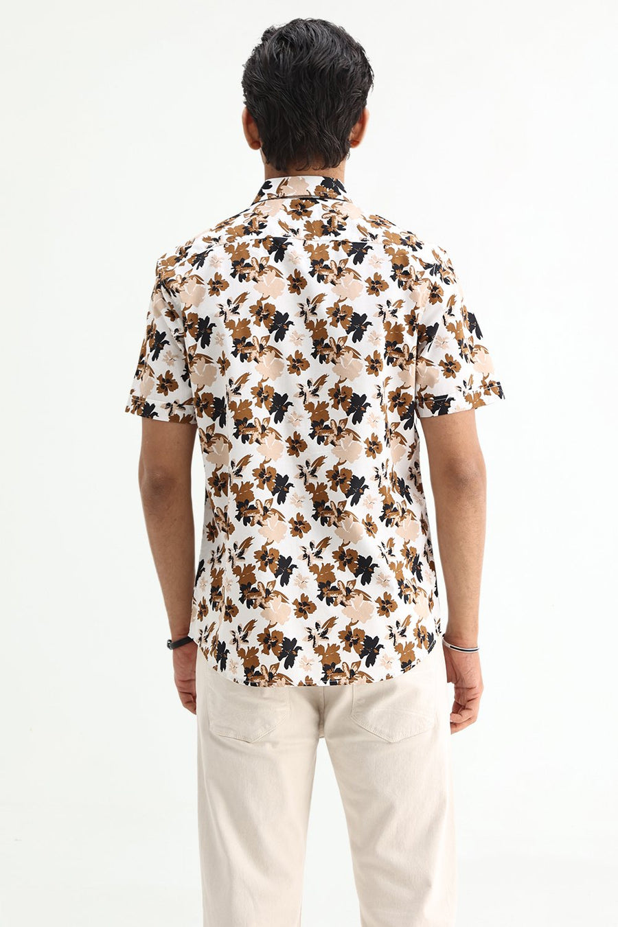 BASICS SLIM FIT CLOUD WHITE COTTON POPLIN PRINTED SHIRT