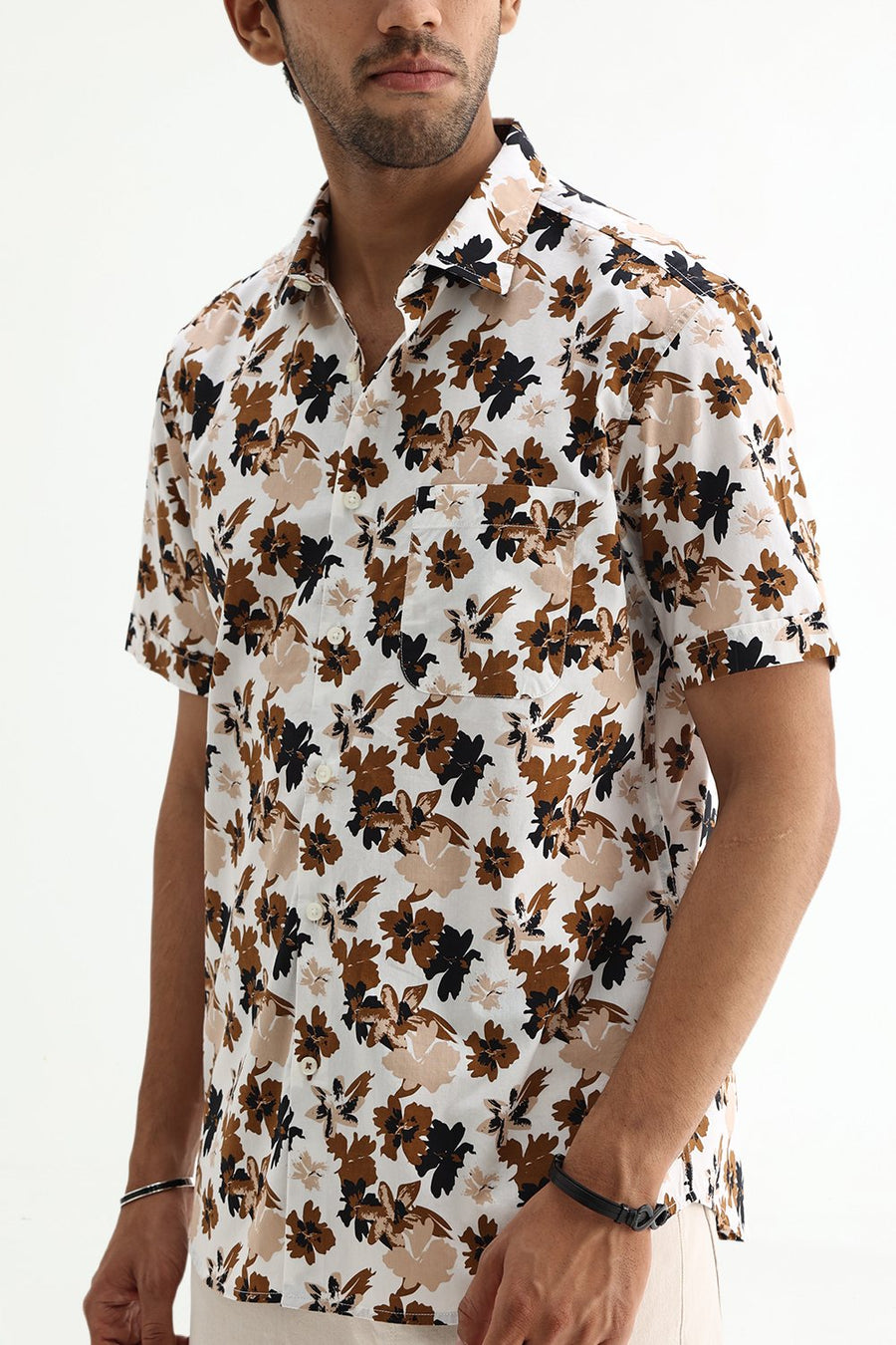 BASICS SLIM FIT CLOUD WHITE COTTON POPLIN PRINTED SHIRT