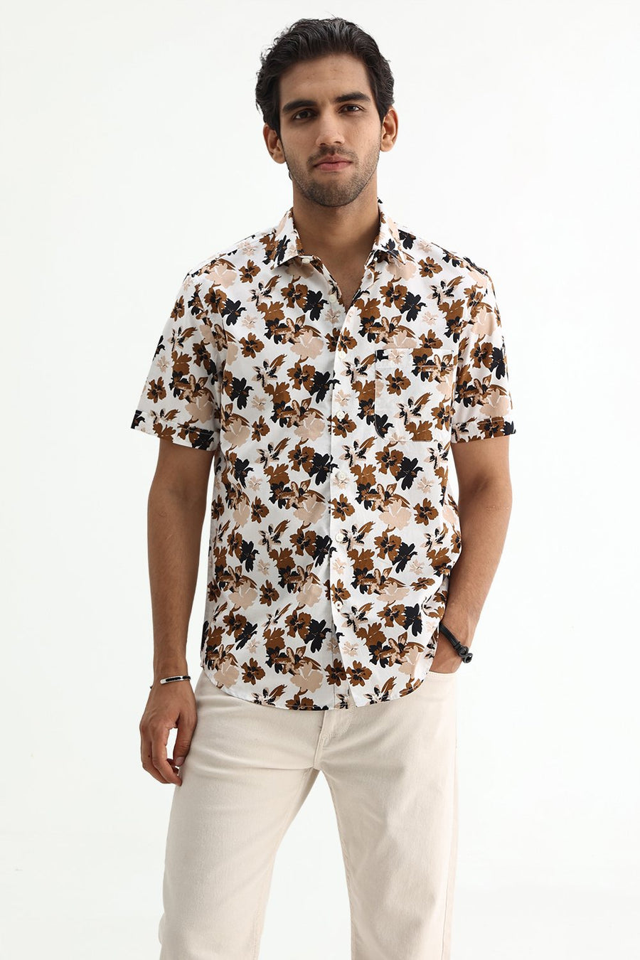 BASICS SLIM FIT CLOUD WHITE COTTON POPLIN PRINTED SHIRT
