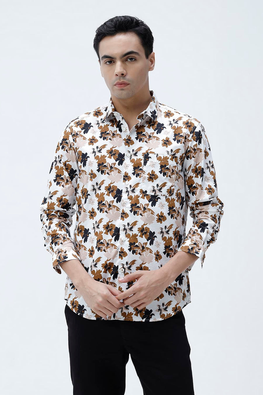 BASICS SLIM FIT CLOUD WHITE COTTON POPLIN PRINTED SHIRT
