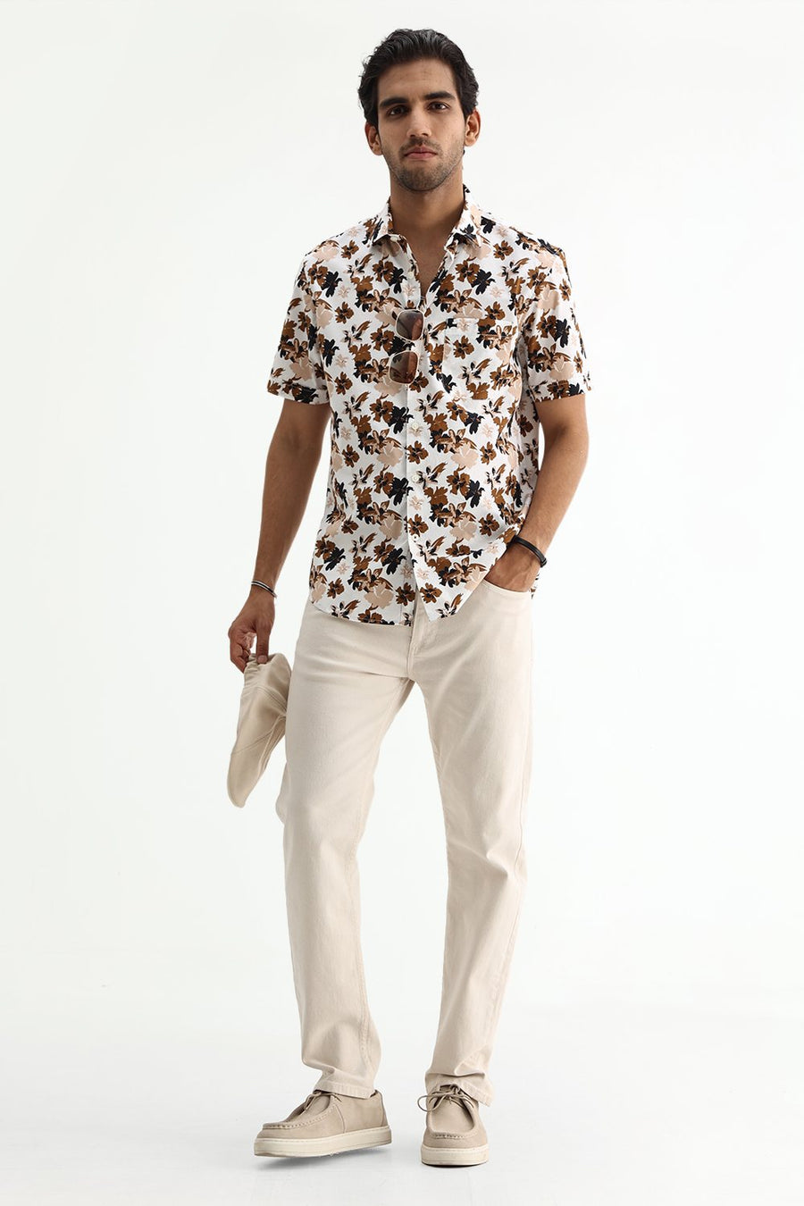 BASICS SLIM FIT CLOUD WHITE COTTON POPLIN PRINTED SHIRT