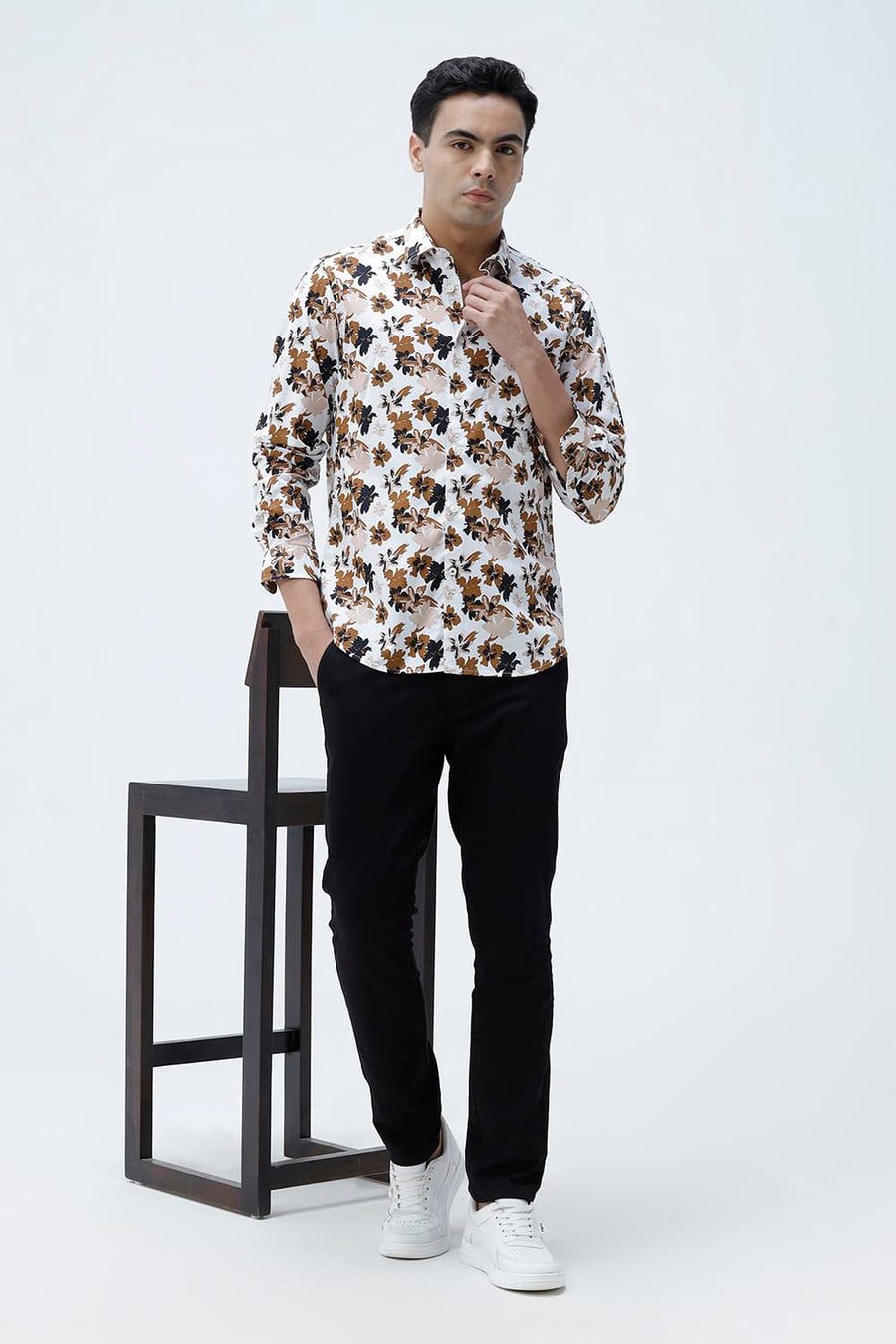 BASICS SLIM FIT CLOUD WHITE COTTON POPLIN PRINTED SHIRT