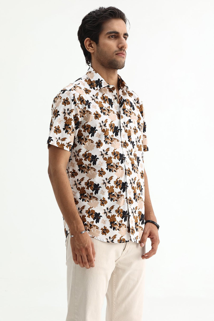 BASICS SLIM FIT CLOUD WHITE COTTON POPLIN PRINTED SHIRT