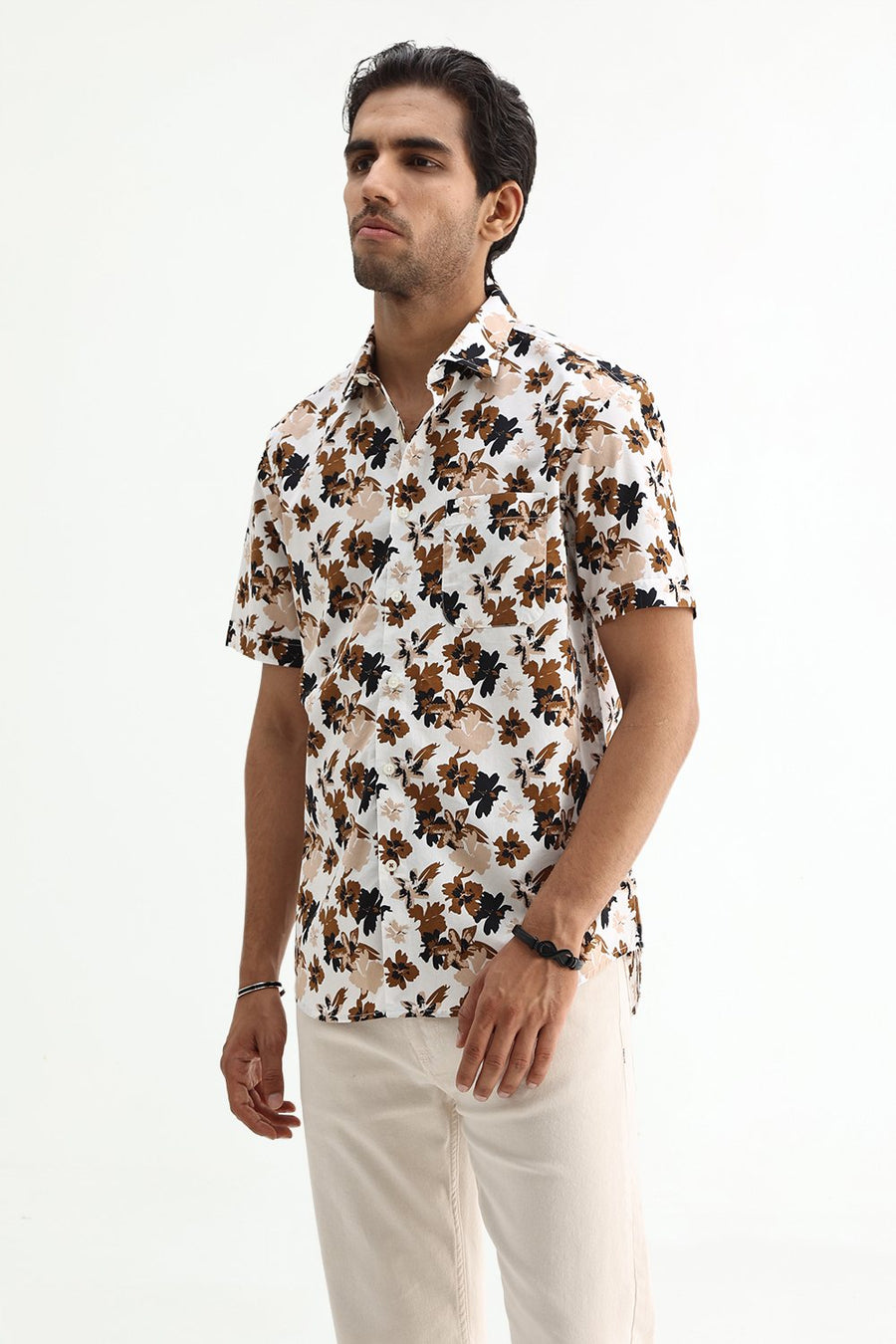 BASICS SLIM FIT CLOUD WHITE COTTON POPLIN PRINTED SHIRT