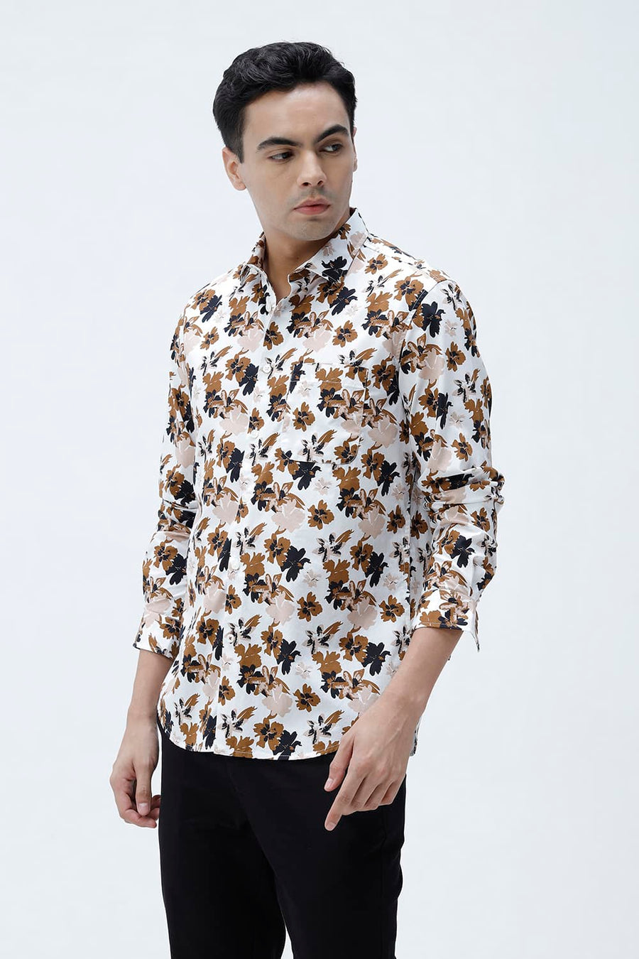 BASICS SLIM FIT CLOUD WHITE COTTON POPLIN PRINTED SHIRT
