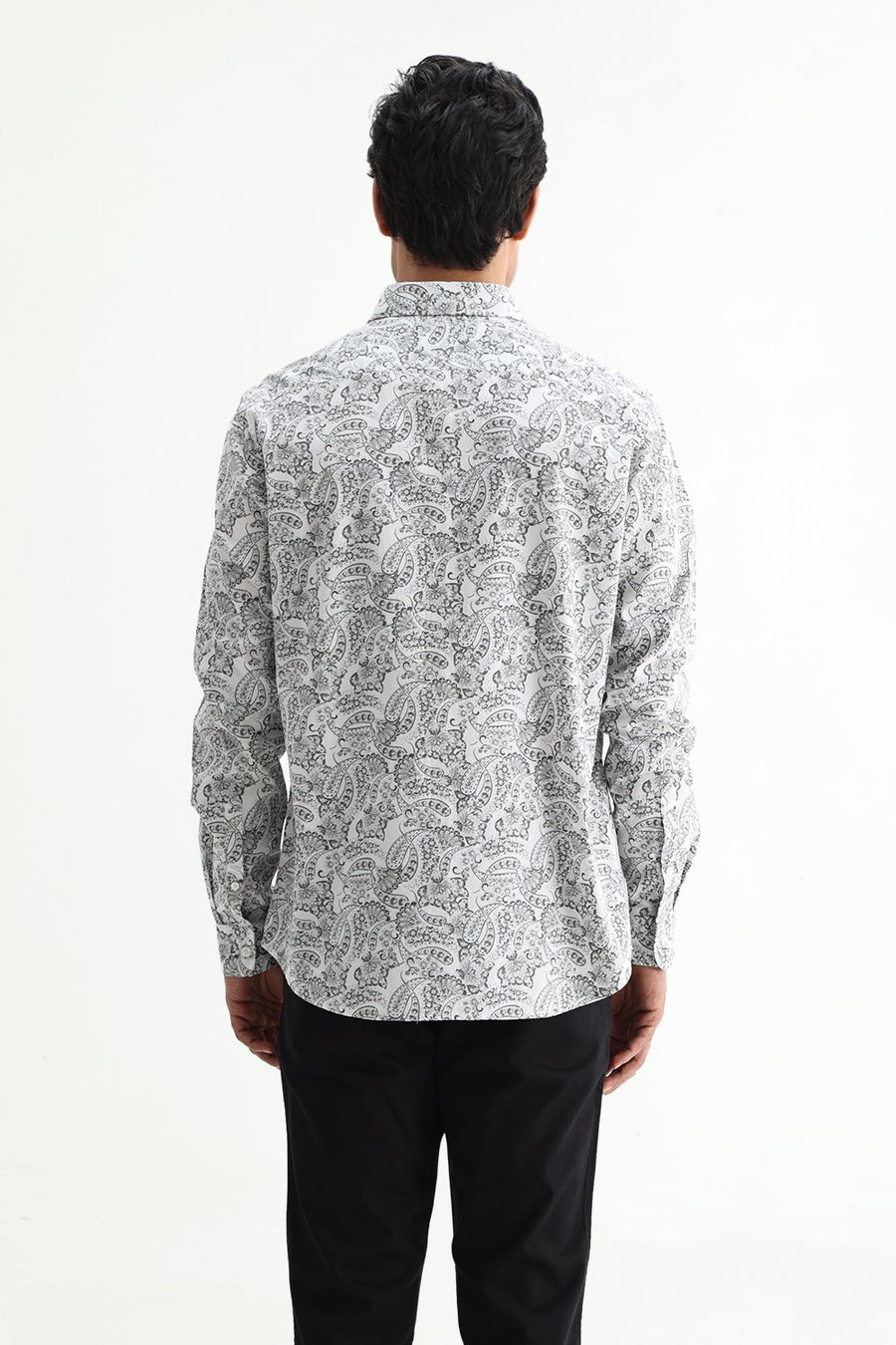 BASICS SLIM FIT SILVER WHITE COTTON POPLIN PRINTED SHIRT
