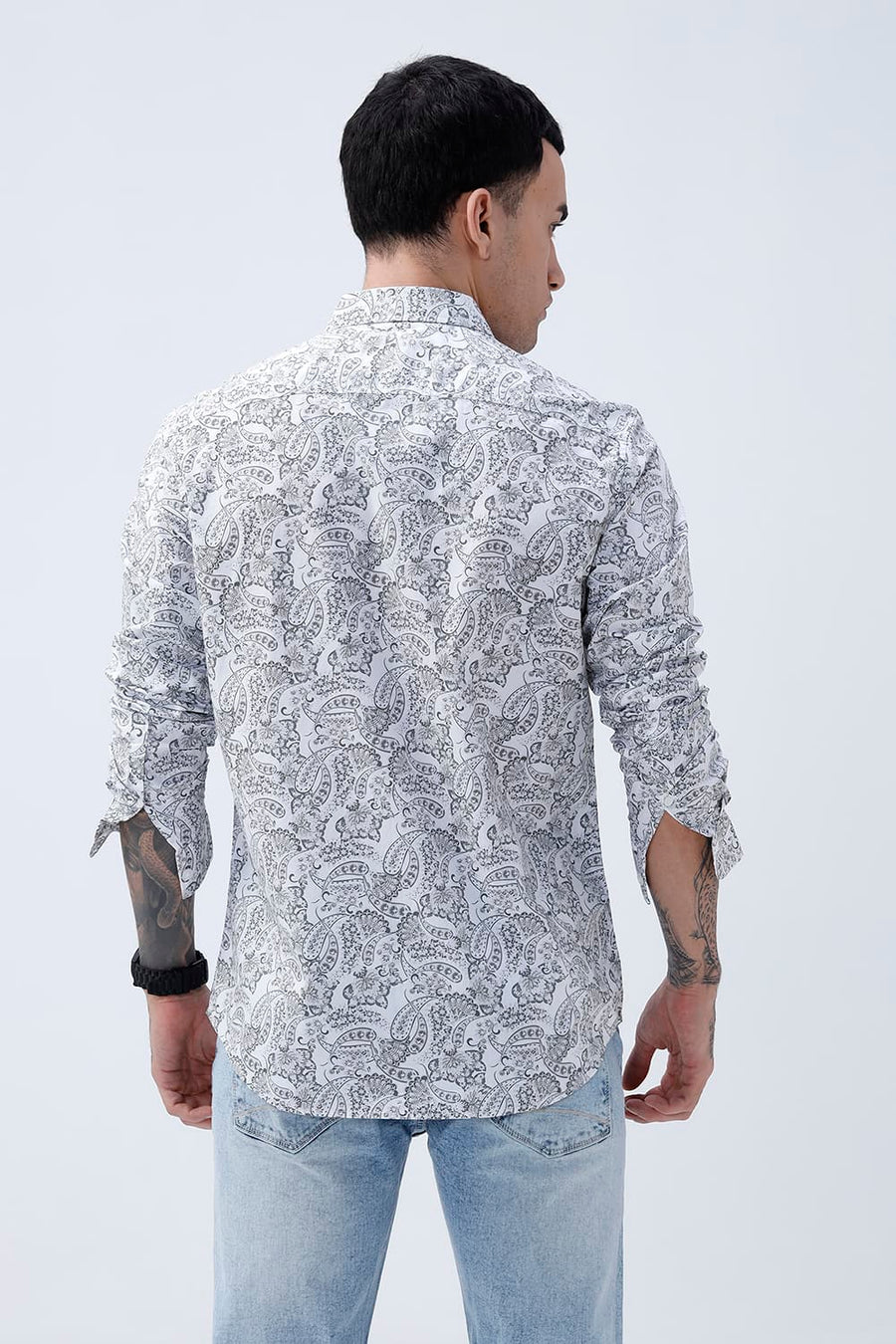 BASICS SLIM FIT SILVER WHITE COTTON POPLIN PRINTED SHIRT